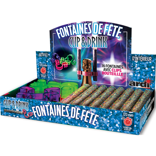 BOÎTE 16 FONTAINES DE FÊTE 120mm + 8 CLIPS PORTE-FONTAINE