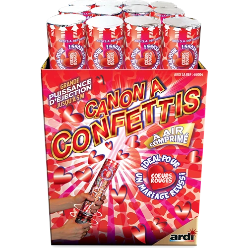 CANON LANCE-CONFETTIS CŒURS ROUGES MÉTALLISÉS 30CM